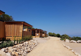 Solrige SunLodge BigLeaf træhytter ved Camping Village Poljana i Kroatien på en stensti nær havet.