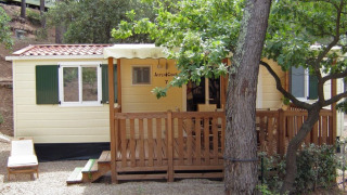 Imagen de SunLodge Aspen Combi, una cabaña con porche rodeada de árboles en un entorno natural.