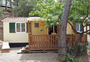 Billede af SunLodge Aspen Combi, en hyggelig træhytte med terrasse omgivet af natur og træer.