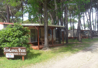 Zonnige aanblik van SunLodge Redwood huisjes bij Camping Village Marina di Venezia, Italië, tussen de dennen.