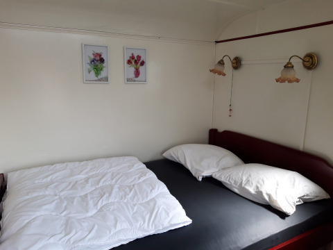 Habitación acogedora con cama, dos almohadas, lámparas de pared y cuadros de flores sobre la cama.