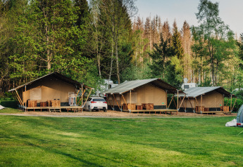 Tentes safari sur un terrain de camping entouré de verdure et d'arbres, voiture garée à proximité.