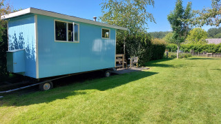Casa rodante Pipowagen Snuitje azul en césped verde rodeada de árboles bajo un cielo despejado.