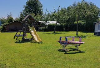 Speelplein met glijbaan en schommels aan Safari tent Kievit op Camping De Gouwe Stek in Nederland.