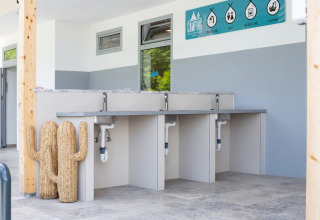 Moderne wasruimte op een glampingpark met drie wastafels, blauwe borden en een decoratieve rieten cactus.