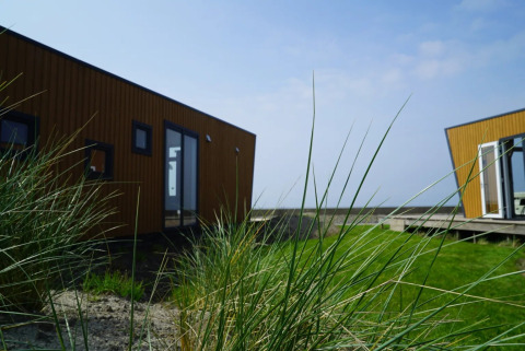 Houten vakantielodges op een vakantiepark met grasveld en zeezicht, ideaal voor een glampingvakantie.