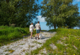 Pareja caminando por sendero arenoso entre árboles verdes en parque vacacional de glamping.