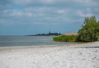 Strandfoto mit Leuchtturm und Ferienpark im Hintergrund, ruhiges Wasser und grüne Uferpflanzen.