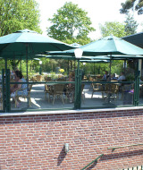 Terraza exterior con sombrillas verdes en Camping Roland, destacado parque vacacional en Limburg, Países Bajos.