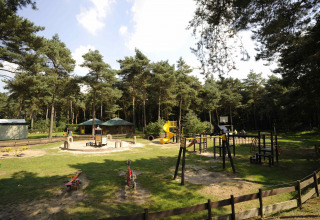 Playground and wooded area at Camping Roland holiday park in Limburg, Netherlands, with play equipment.