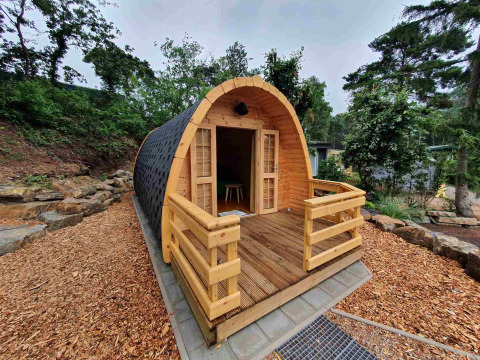 Petite maison en bois appelée Pod au Camping Roland aux Pays-Bas, avec terrasse et entourée d’arbres.