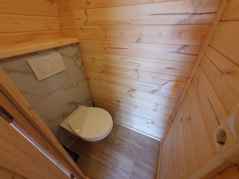 Baño moderno en una tiny house de paneles de madera, Pod en Camping Roland, Países Bajos.