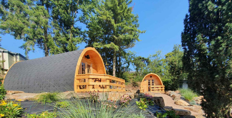 Dos pequeñas casas de madera llamadas Pods en un jardín verde con árboles altos y plantas diversas.