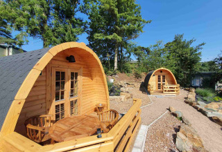Deux tiny houses en bois appelées pods au Camping Roland aux Pays-Bas, entourées d'arbres et de sentiers.
