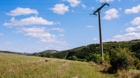 Paisaje con campo de hierba, poste eléctrico y colinas verdes bajo cielo azul en Camping Val d'Or, Wiltz.