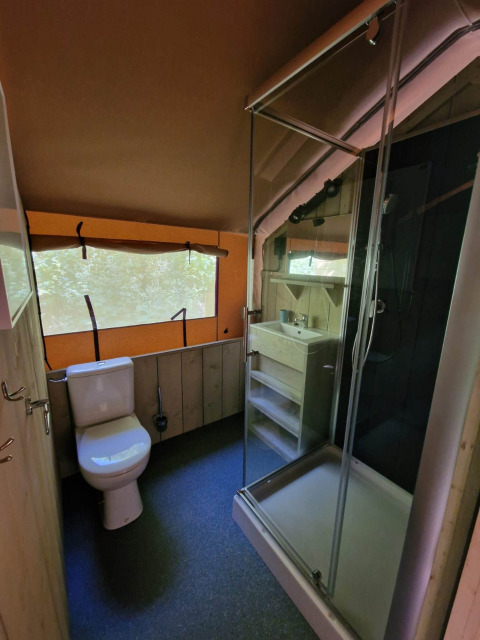 Salle de bain à Boslodge um Bierg, Camping Val d'Or, Luxembourg avec toilettes, douche et lavabo.