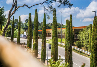 Toegang tot hu Norcenni Girasole Village vakantiepark in Toscane, Italië, omgeven door hoge cipressen.