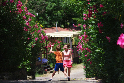 Una mujer y un niño caminan por un sendero rodeado de flores rosas en hu Norcenni Girasole Village, Toscana, Italia.