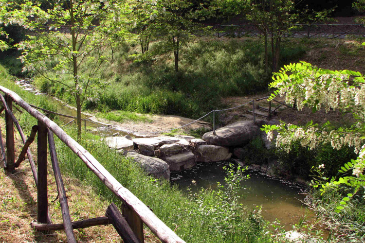 Rustig beekje en houten brug in een groene omgeving bij hu Norcenni Girasole Village in Toscane, Italië.