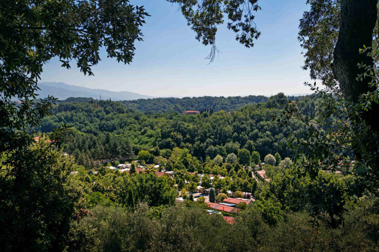 Panoramisch uitzicht op hu Norcenni Girasole Village vakantiepark in Toscane, Italië, tussen groene heuvels.