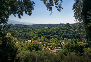 Vista panoramica su hu Norcenni Girasole Village, villaggio vacanze in Toscana, tra colline verdi e alberi.