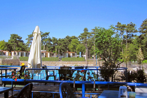 View of the pool and terrace at Camping Village Mare Pineta, with pine trees and holiday cabins in Italy.