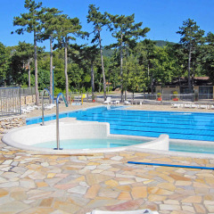 Piscina al aire libre en Camping Village Mare Pineta, rodeada de árboles, tumbonas y paisaje montañoso.