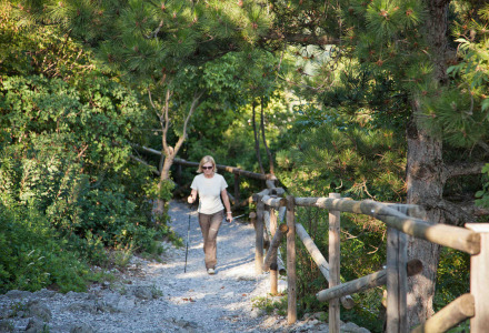 Mujer caminando con bastones en un sendero boscoso cerca de Sistiana, Friuli-Venezia Giulia, Italia, rodeada de árboles.