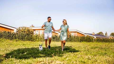 Coppia che passeggia con cane al Resort Mooi Bemelen, parco vacanze in Limburg, Paesi Bassi, giornata di sole.
