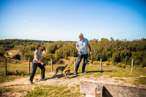 Deux personnes promènent deux chiens et admirent la vue sur les collines au Resort Mooi Bemelen, Limburg.