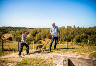 To personer og to hunde på en gåtur med udsigt over naturskønne bakker ved Resort Mooi Bemelen i Limburg.