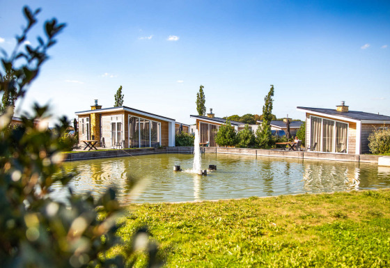 Case vacanza vicino a uno stagno con fontana nel Resort Mooi Bemelen, Limburgo, Paesi Bassi, in una giornata soleggiata.
