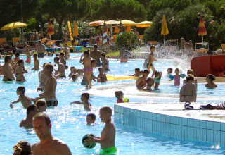 Mange børn og voksne nyder en solrig dag i swimmingpoolen på Camping Pra'delle Torri i Veneto, Italien.