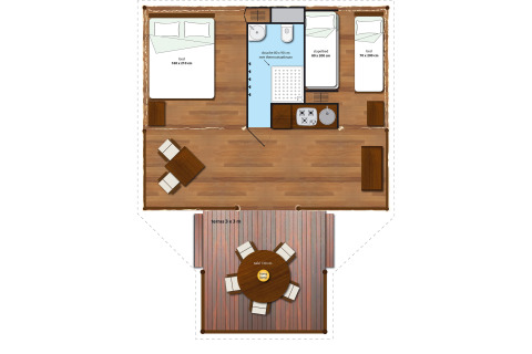 Plano de SunLodge Safari en Camping Pra'delle Torri, Italia, con terraza, camas y espacio habitable.