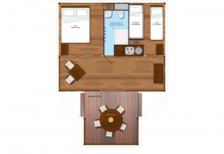 Plano de SunLodge Safari en Camping Pra'delle Torri, Italia, con terraza, camas y espacio habitable.