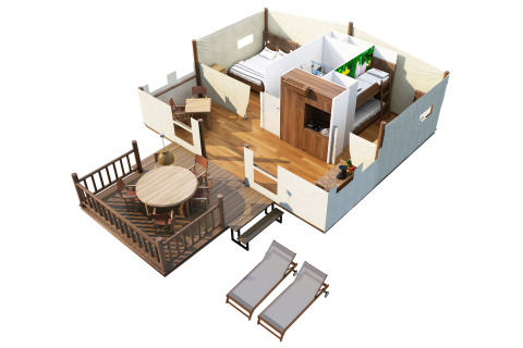 Plano 3D de SunLodge Safari en Camping Pra'delle Torri, Italia, con terraza, habitaciones y mobiliario.