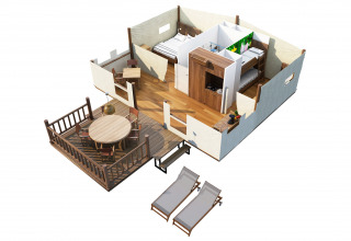 Plano 3D de SunLodge Safari en Camping Pra'delle Torri, Italia, con terraza, habitaciones y mobiliario.