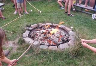 Bambini che arrostiscono marshmallow intorno al fuoco al Camping De Gouwe Stek, in Olanda Settentrionale.