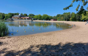 Sandstrand og roligt vand ved Camping De Gouwe Stek, feriepark i Nordholland, Holland, på en solskinsdag.
