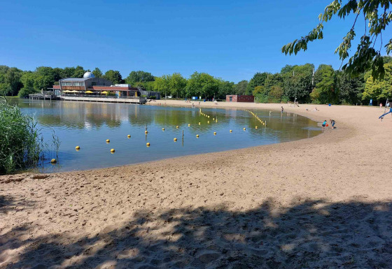 Zandstrand met kalm water bij Camping De Gouwe Stek, vakantiepark in Noord-Holland, Nederland, zonnige dag.