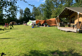 Campingplads med telte og legeredskaber på Camping de Berghoeve, Drenthe, Holland, på en solrig dag.