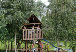 Børn leger i et træhus med rutsjebane i en grøn skov på en glampingplads med ferieboliger.