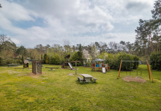 Aire de jeux avec balançoires, toboggans et structures d’escalade à Buitencentrum Hessenheem, Overijssel, Pays-Bas.