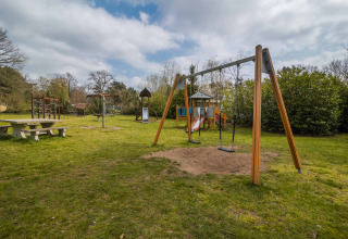 Playground with swings, slide, and a picnic table at Buitencentrum Hessenheem holiday park in Overijssel.