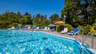 Außenpool mit Liegestühlen und Sonnenschirmen, umgeben von Natur im Buitencentrum Hessenheem, Niederlande.