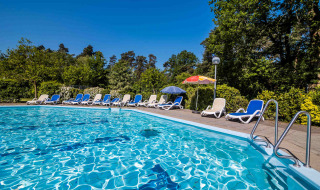 Piscina al aire libre con tumbonas y sombrillas rodeada de vegetación en Buitencentrum Hessenheem, Países Bajos.