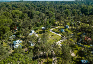 Luchtzicht op vakantiepark Buitencentrum Hessenheem in Overijssel, Nederland, omringd door bomen.