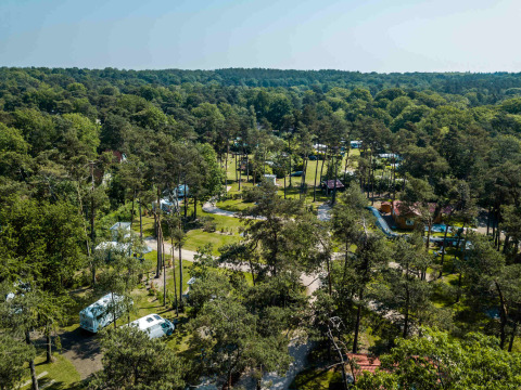 Luftfoto af campingområdet i Buitencentrum Hessenheem feriepark omgivet af skov i Overijssel, Holland.