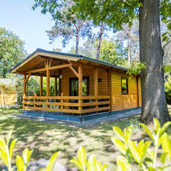 Eine Holzhütte mit Veranda im Grünen, umgeben von Bäumen im Ferienpark Buitencentrum Hessenheem.