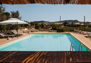 Swimmingpool med liggestole og parasol på feriepark Agricola La Casetta med udsigt over bakkerne i Marche.
